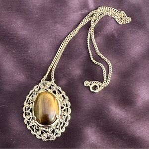 Vintage Tiger’s Eye Pendant with Gold Tone Chain